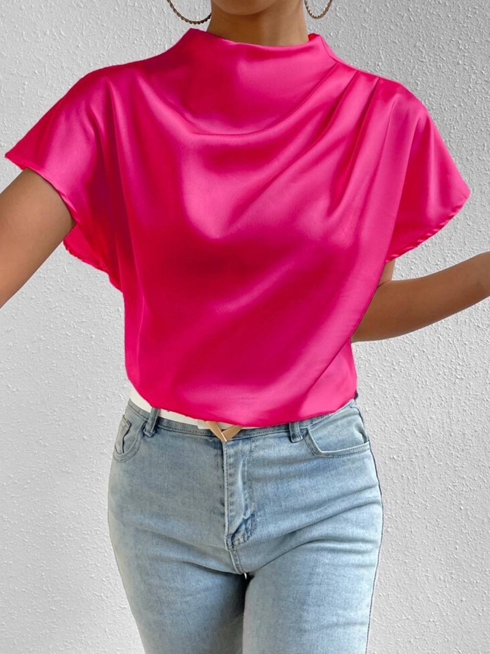SHEIN Vibrant Fuchsia Satin Mock Neck Blouse